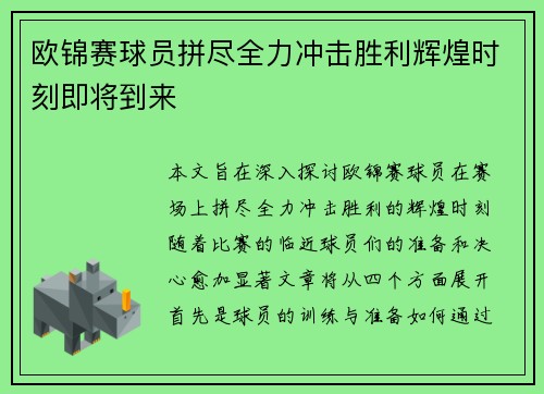 欧锦赛球员拼尽全力冲击胜利辉煌时刻即将到来