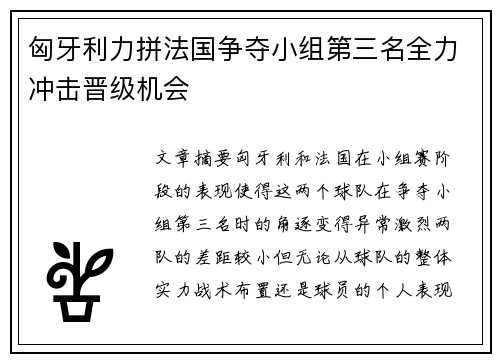 匈牙利力拼法国争夺小组第三名全力冲击晋级机会
