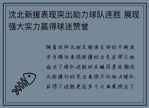 沈北新援表现突出助力球队连胜 展现强大实力赢得球迷赞誉