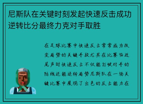 尼斯队在关键时刻发起快速反击成功逆转比分最终力克对手取胜