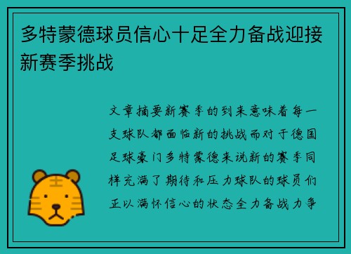 多特蒙德球员信心十足全力备战迎接新赛季挑战