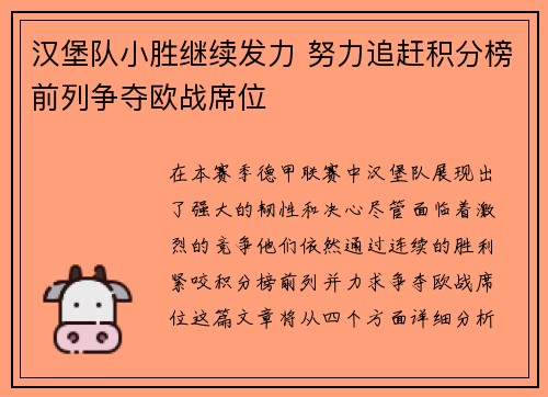 汉堡队小胜继续发力 努力追赶积分榜前列争夺欧战席位