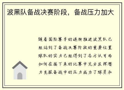 波黑队备战决赛阶段，备战压力加大