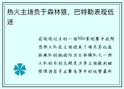 热火主场负于森林狼，巴特勒表现低迷