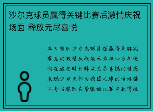 沙尔克球员赢得关键比赛后激情庆祝场面 释放无尽喜悦