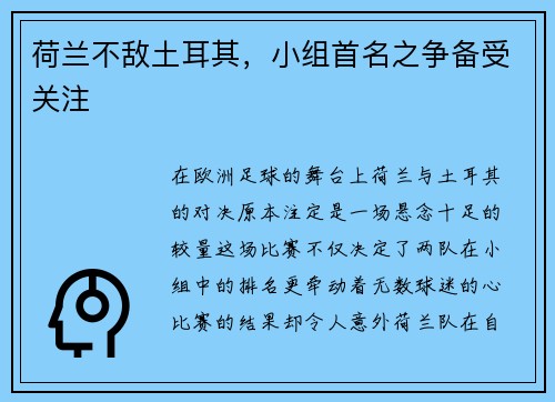 荷兰不敌土耳其，小组首名之争备受关注