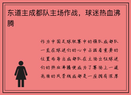 东道主成都队主场作战，球迷热血沸腾