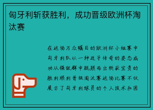 匈牙利斩获胜利，成功晋级欧洲杯淘汰赛
