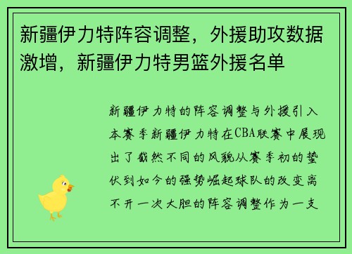 新疆伊力特阵容调整，外援助攻数据激增，新疆伊力特男篮外援名单