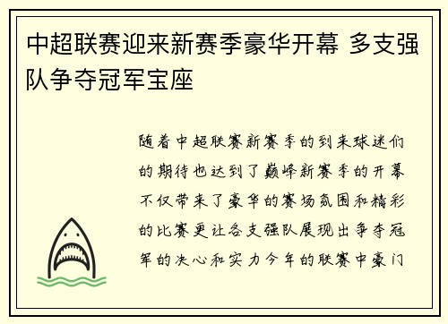 中超联赛迎来新赛季豪华开幕 多支强队争夺冠军宝座