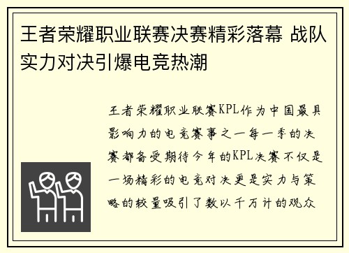 王者荣耀职业联赛决赛精彩落幕 战队实力对决引爆电竞热潮